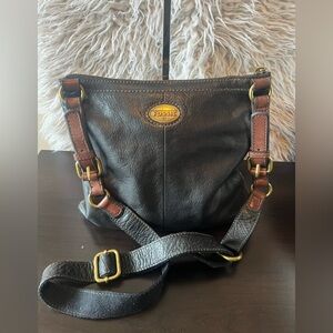 Fossil Black Brown Leather Crossbody